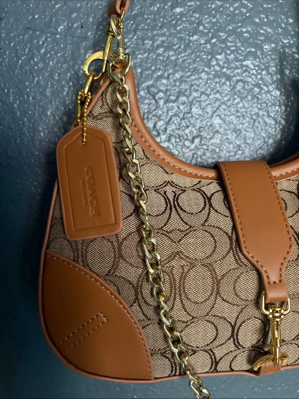 Coach Tan/Brown Signature Jacquard Shoulder Bag with Gold Hardware